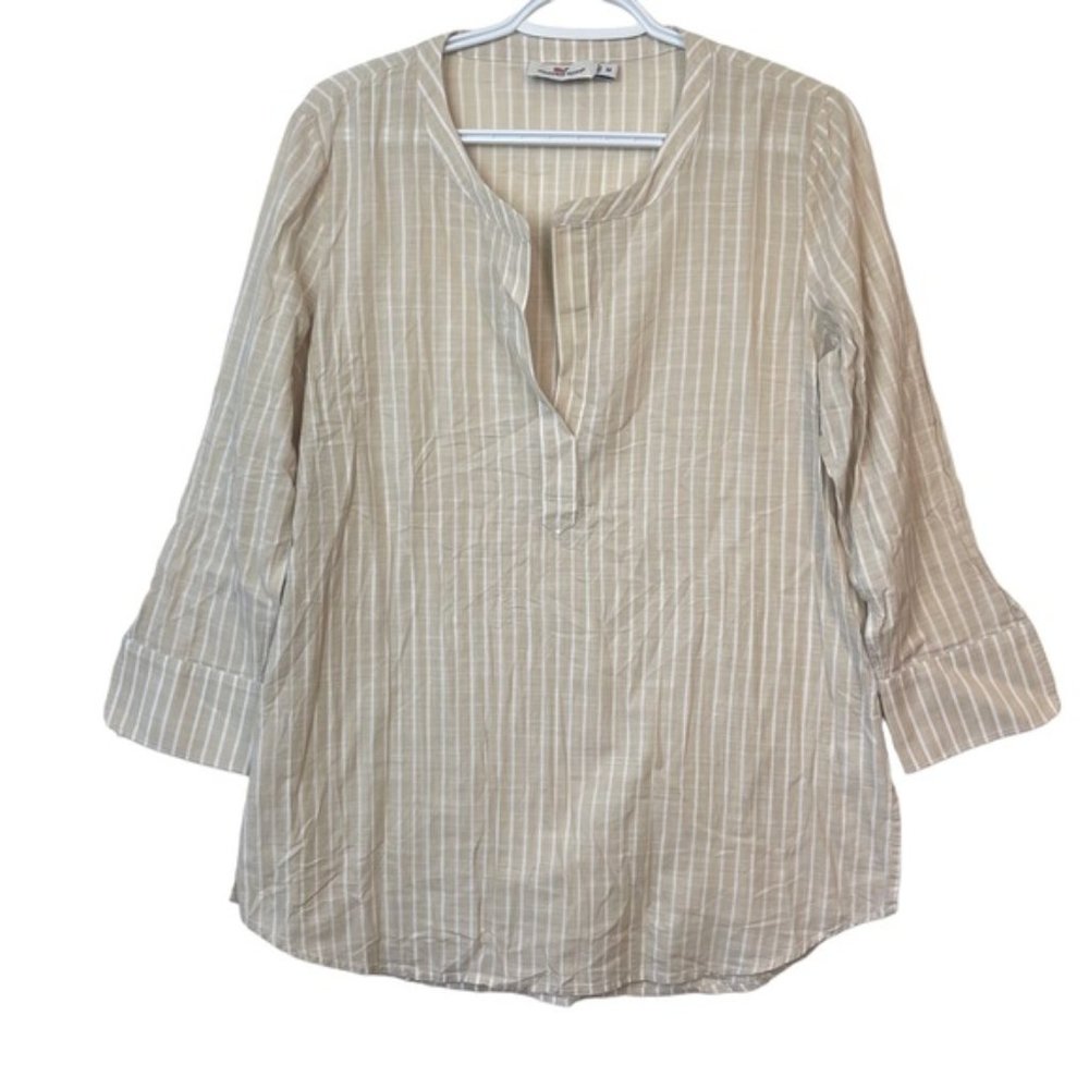 Vineyard Vines Tan White Striped V-Neck 34 Sleeve Casual Breezy Blouse Cover-Up